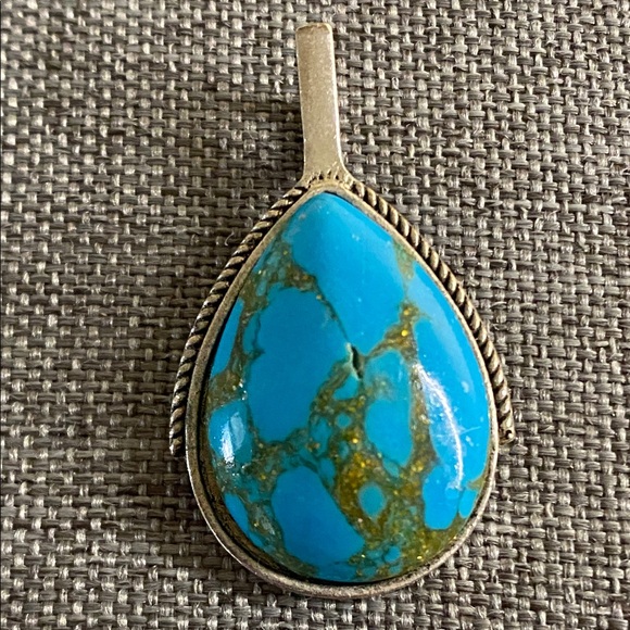 Estate Jewelry - Turquoise Teardrop Pendant Silver Tone Southwestern Style